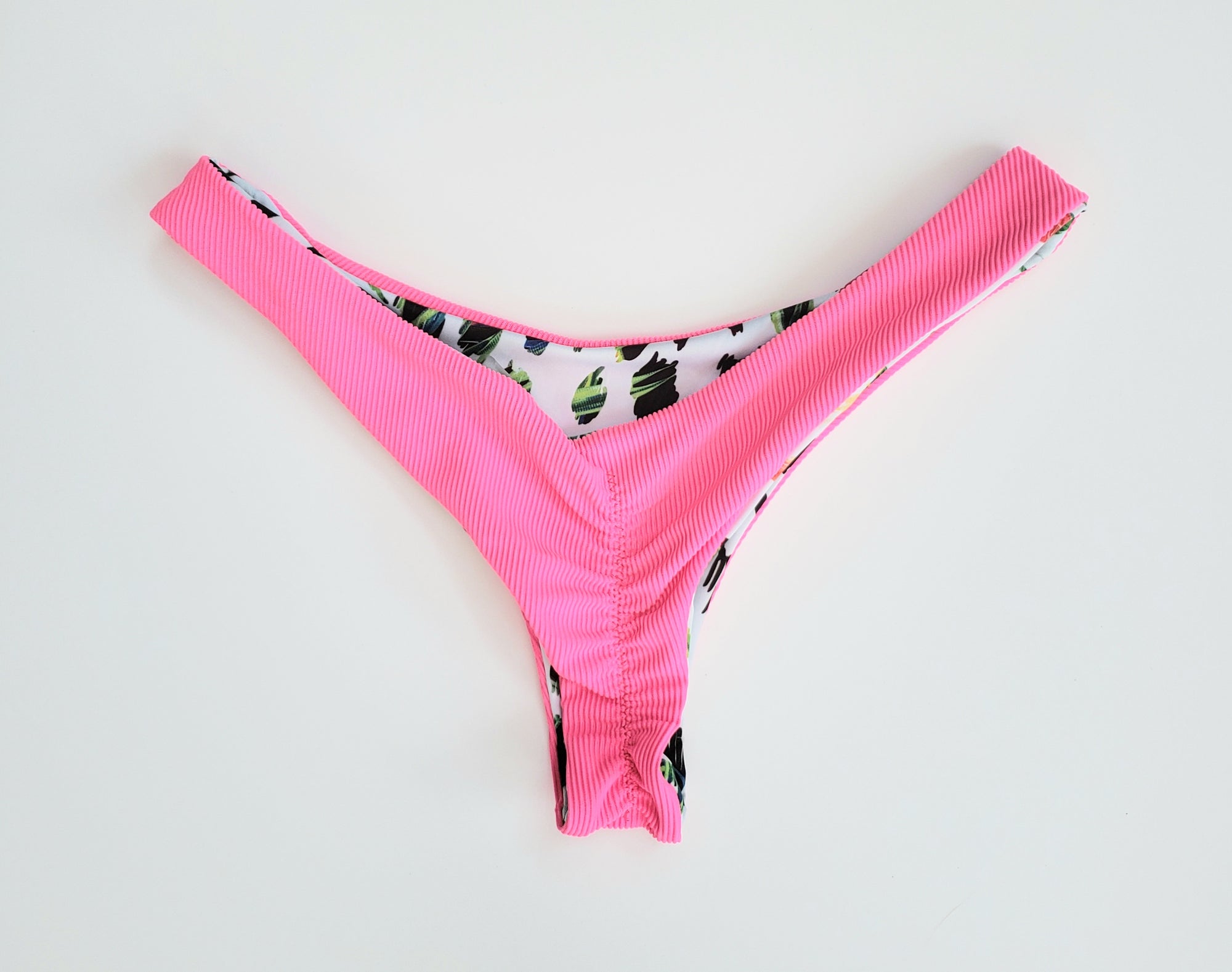 Neon Pink Ribbed + Jungle Cheetah  Itsy Super Cheek Reversible Brazilian Thong Bikini Bottom